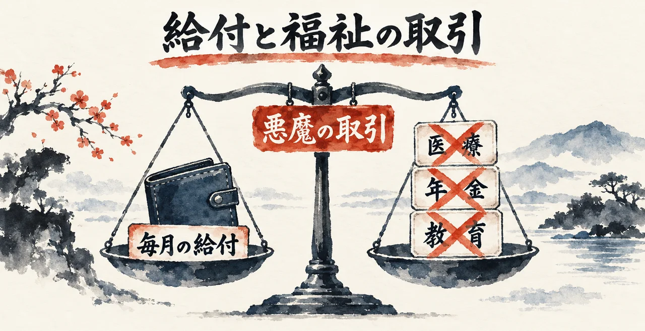 天秤の左の皿に財布「毎月の給付」、右の皿に「医療」「年金」「教育」の3枚の札（3枚ともばつ印）が載り、中央に朱色の札「悪魔の取引」がある図解