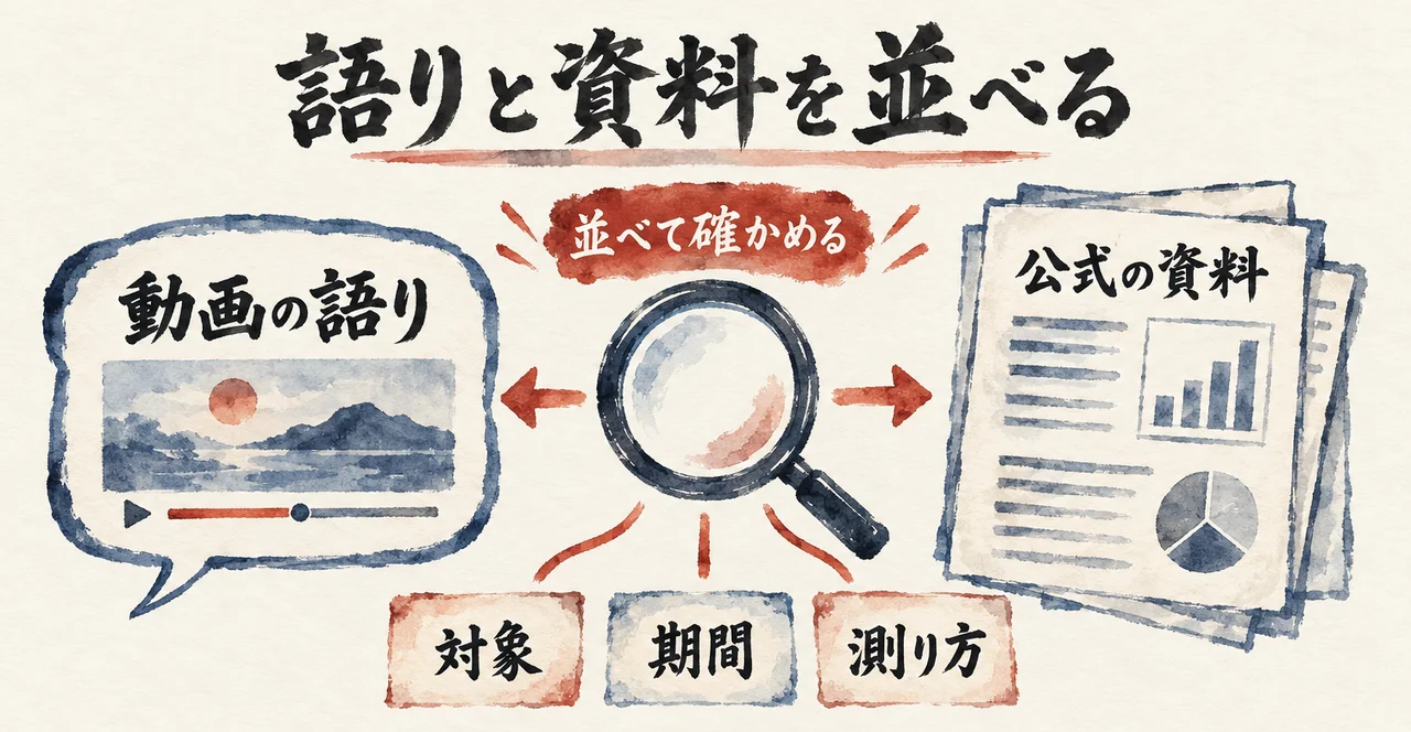 「動画の語り」の吹き出しと「公式の資料」の書類の間に大きな虫眼鏡があり、「対象」「期間」「測り方」の3枚の札と朱色の札「並べて確かめる」がある図解