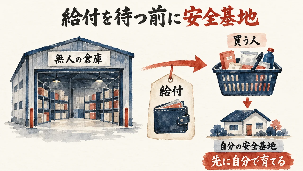 「無人の倉庫」から「買う人」の買い物かごへ、財布「給付」を挟んで矢印が進み、下に「自分の安全基地」の家と朱色の札「先に自分で育てる」がある図解