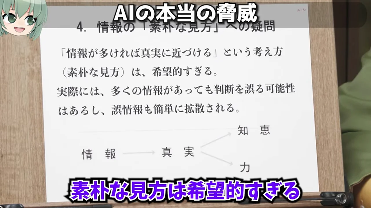 動画キャプチャ: スライド「4. 情報の「素朴な見方」への疑問」。「情報が多ければ真実に近づける」という考え方は希望的すぎる。誤情報も簡単に拡散される（17:50頃）