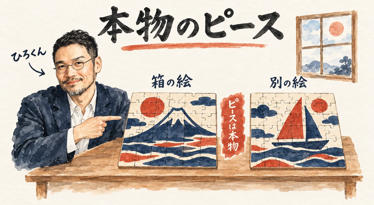 ひろくんが机の上の2枚のジグソーパズルを指さす。左は「箱の絵」、右は「別の絵」で、間に「ピースは本物」の札がある図解