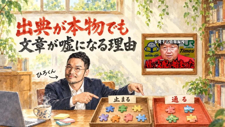 ひろくんが机の上の2つのトレーを指さすアイキャッチ。左のトレーのジグソーピース7個は「止まる」、右の朱色のトレーの4個は「通る」。右上の額縁に元動画のサムネイル。題字は「出典が本物でも文章が嘘になる理由」