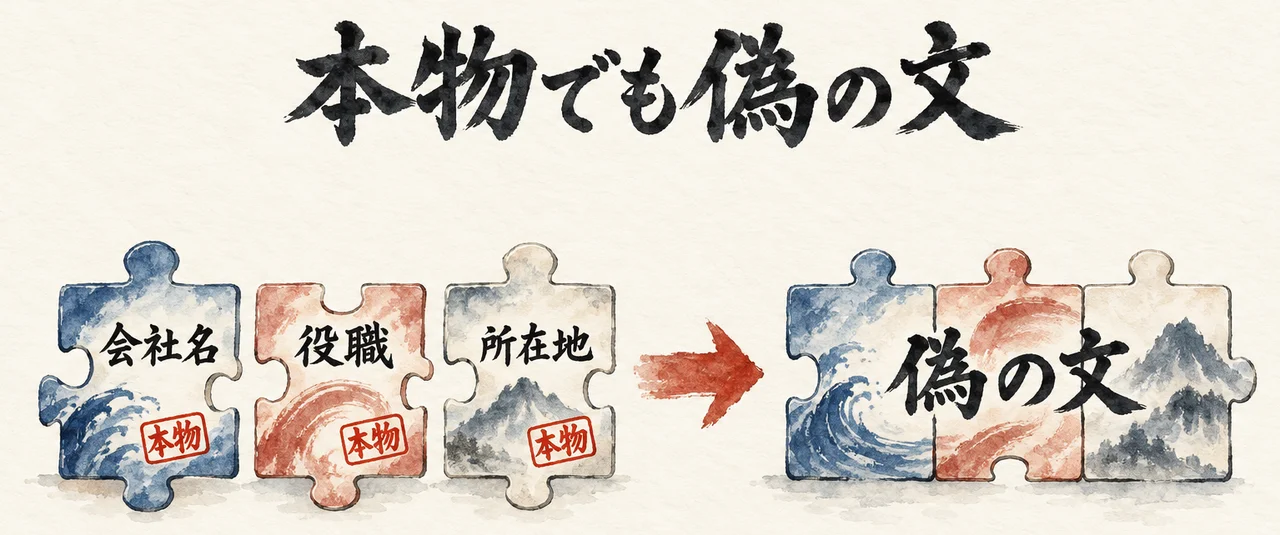 「会社名」「役職」「所在地」の3つのジグソーピースはどれも「本物」。並べ替えて組むと「偽の文」になる図解