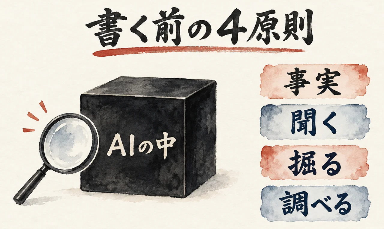 中が見えない黒い箱「AIの中」を虫めがねでのぞいても届かない。箱の外に「事実」「聞く」「掘る」「調べる」の4枚の札を並べた図解