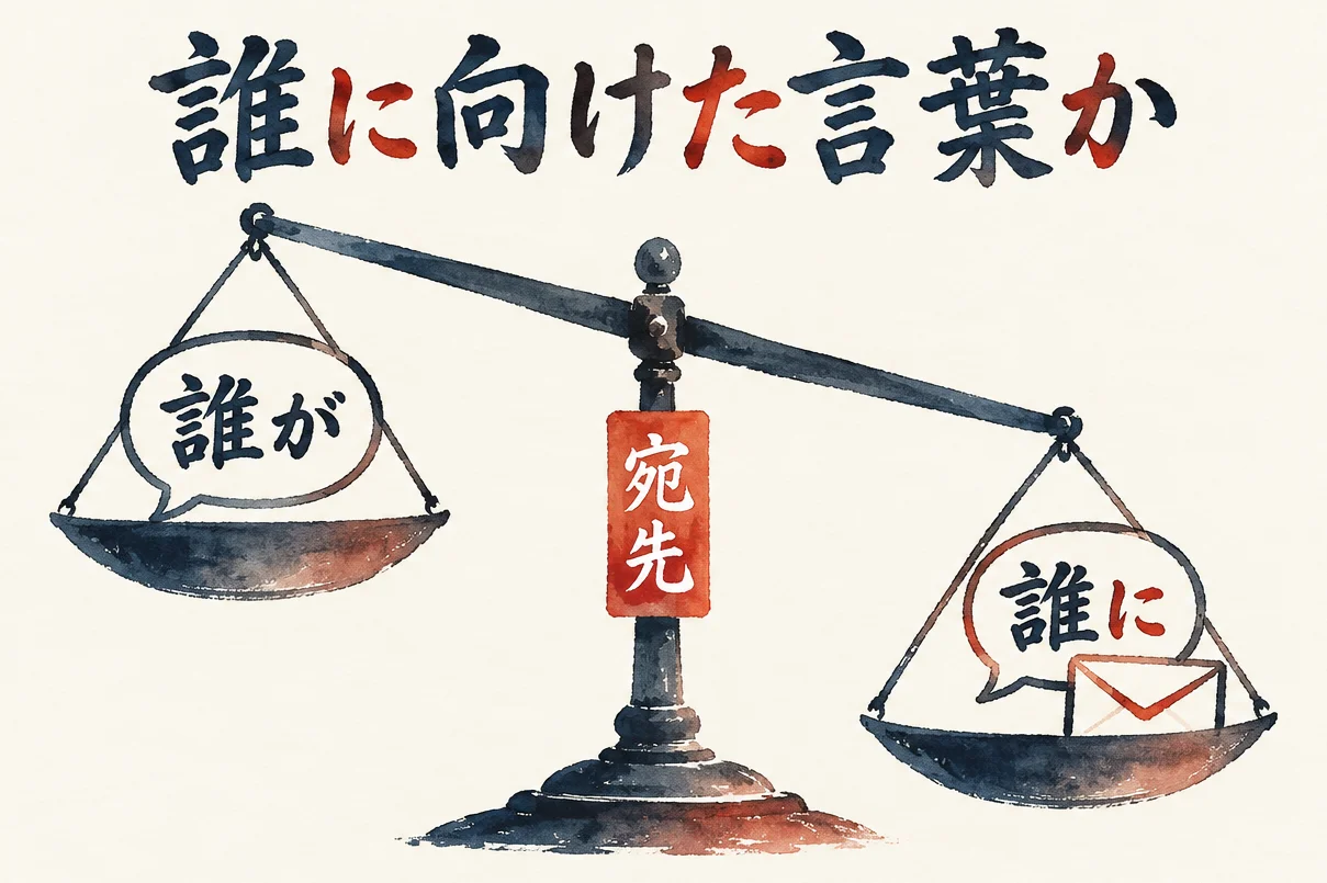 天秤の左の皿に吹き出し「誰が」、右の皿に吹き出し「誰に」と封筒。支柱に「宛先」の札を付けた図解