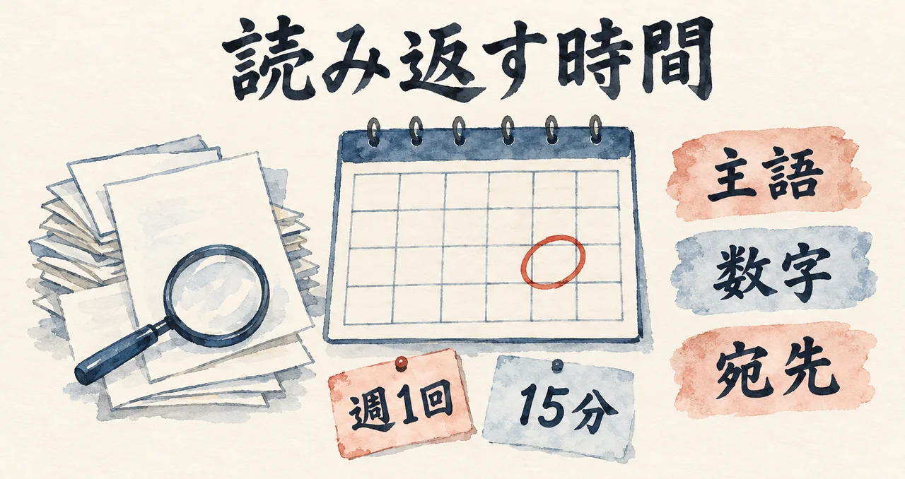書類の山と虫めがね、「週1回」「15分」の札と赤丸のカレンダー、右に「主語」「数字」「宛先」の3枚の札を並べた図解