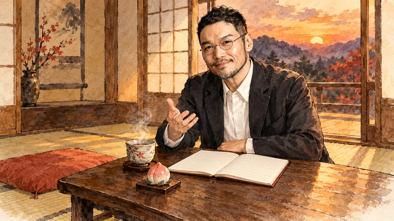 夕方の和室の机で、開いたノートを前に顔を上げて話しかけるひろくんの水彩イラスト。机の脇に湯のみと桃の置物がある