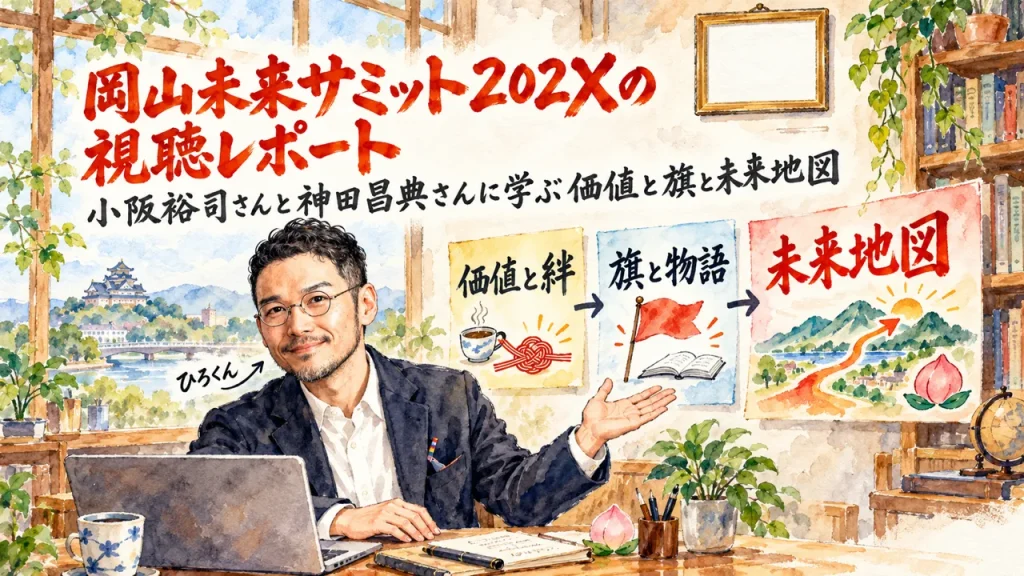 岡山未来サミット202Xの視聴レポートというタイトルの水彩イラスト。ひろくんが、価値と絆、旗と物語、未来地図の3枚の付箋を手で示している