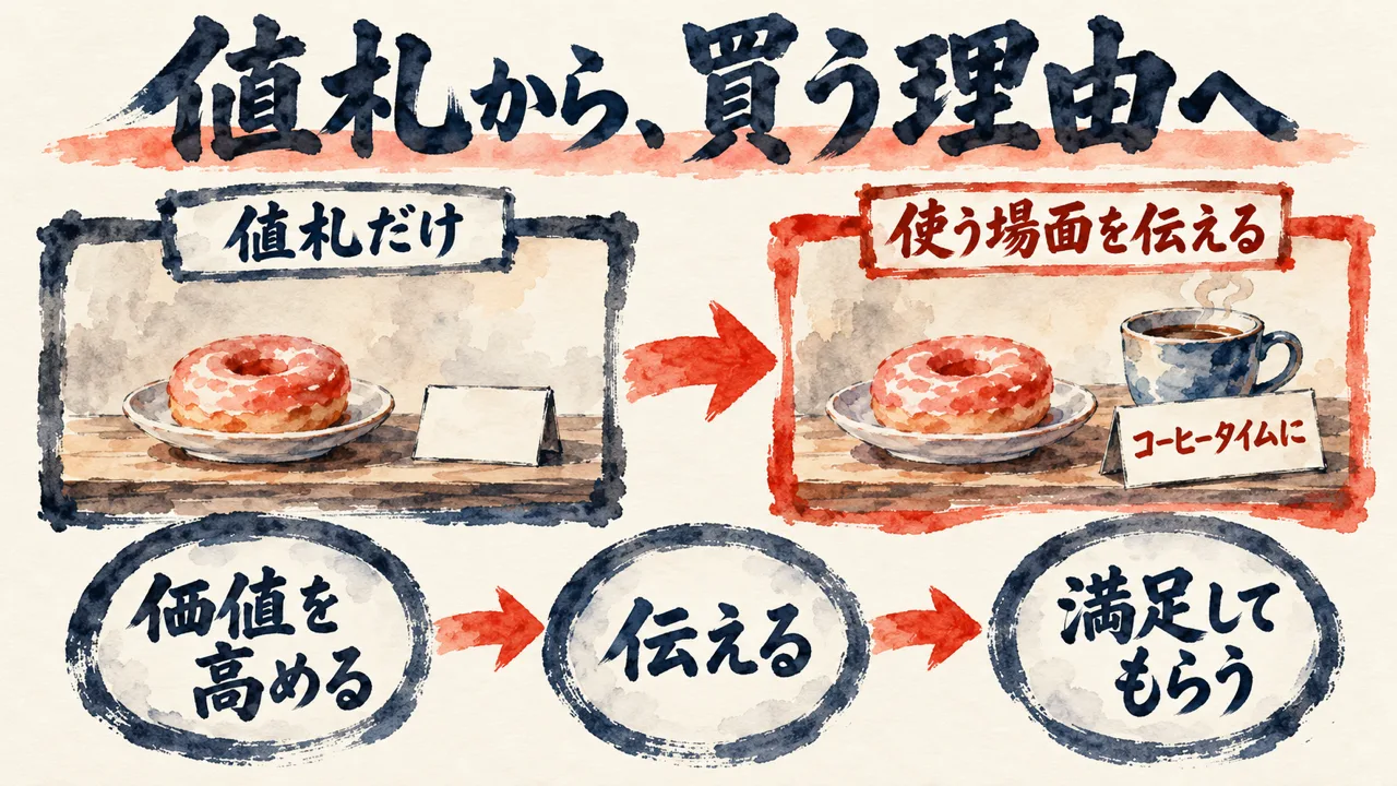 値札から買う理由へ、という図解。左は値札だけのドーナツ、右はコーヒータイムにの札とコーヒーカップ。下に価値を高める、伝える、満足してもらうの3つ