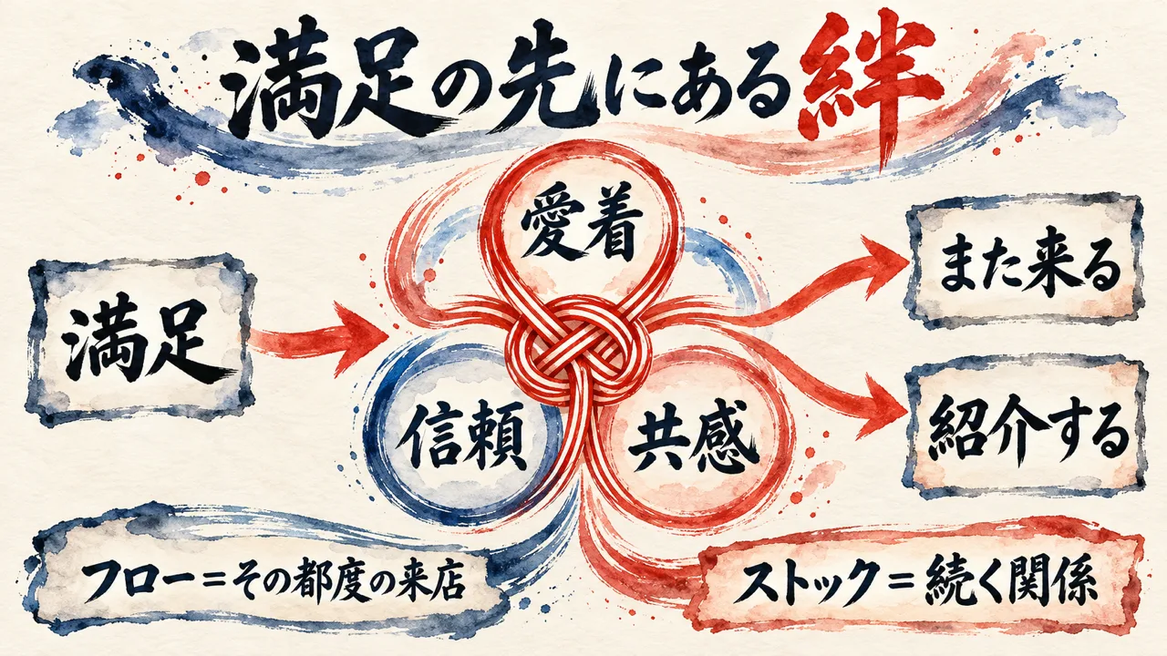 満足の先にある絆、という図解。満足から愛着、信頼、共感の結び目を通って、また来る、紹介するへ。下にフローとストックの対比