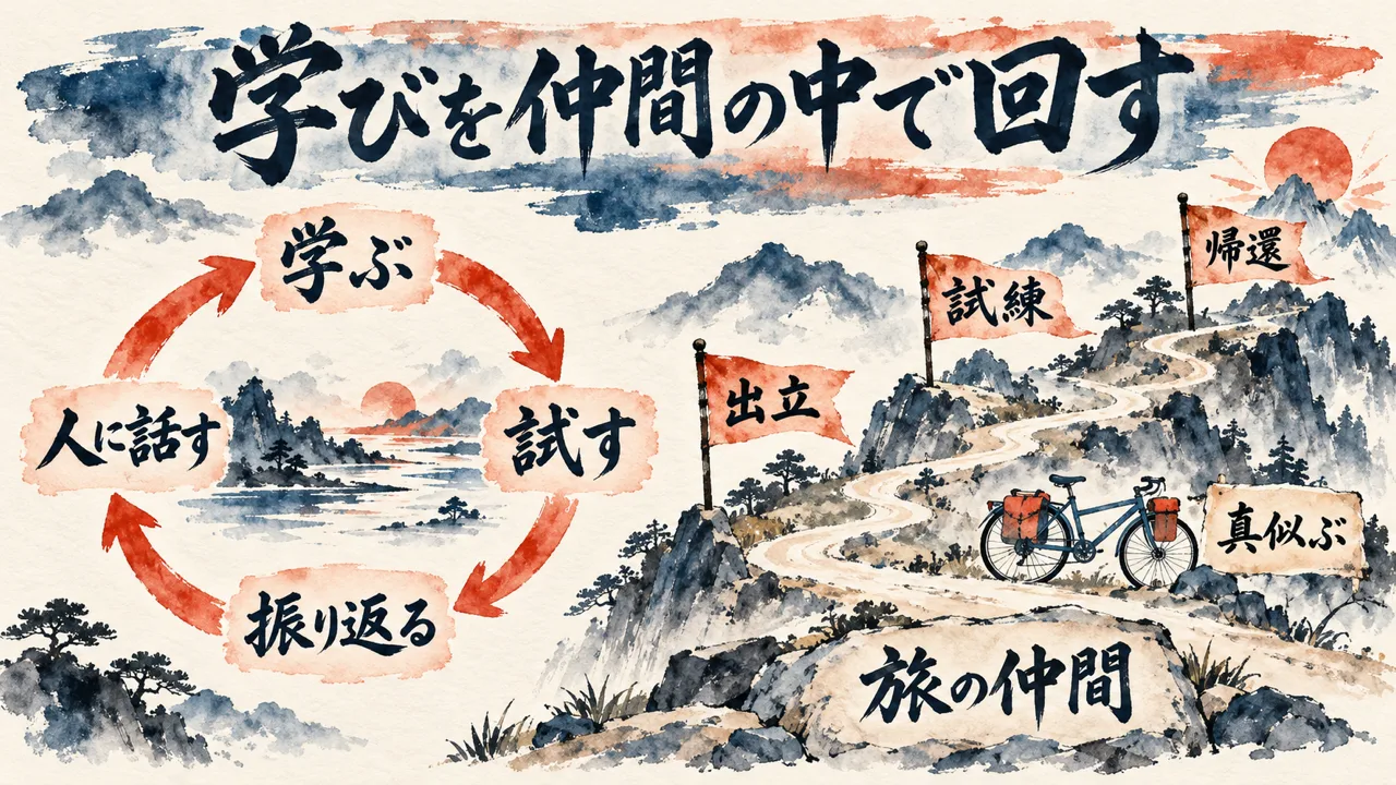 学びを仲間の中で回す、という図解。学ぶ、試す、振り返る、人に話すの循環と、出立、試練、帰還の山道。真似ぶと旅の仲間