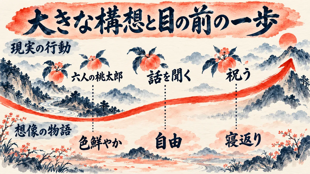 大きな構想と目の前の一歩、という未来地図の図解。曲線の下に想像の物語の言葉、上に六人の桃太郎、話を聞く、祝うの現実の行動