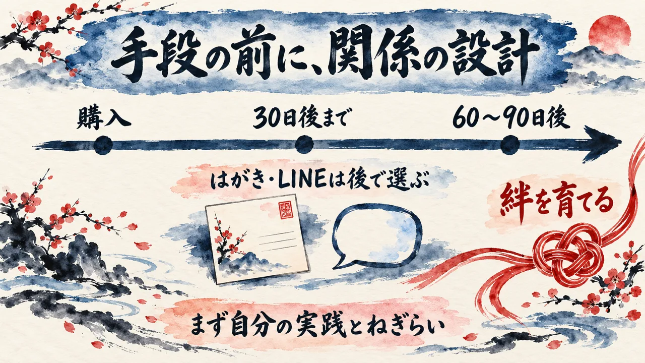 手段の前に関係の設計、という図解。購入、30日後まで、60から90日後の時間の帯と、はがきとLINEは後で選ぶ、絆を育てる。下にまず自分の実践とねぎらい