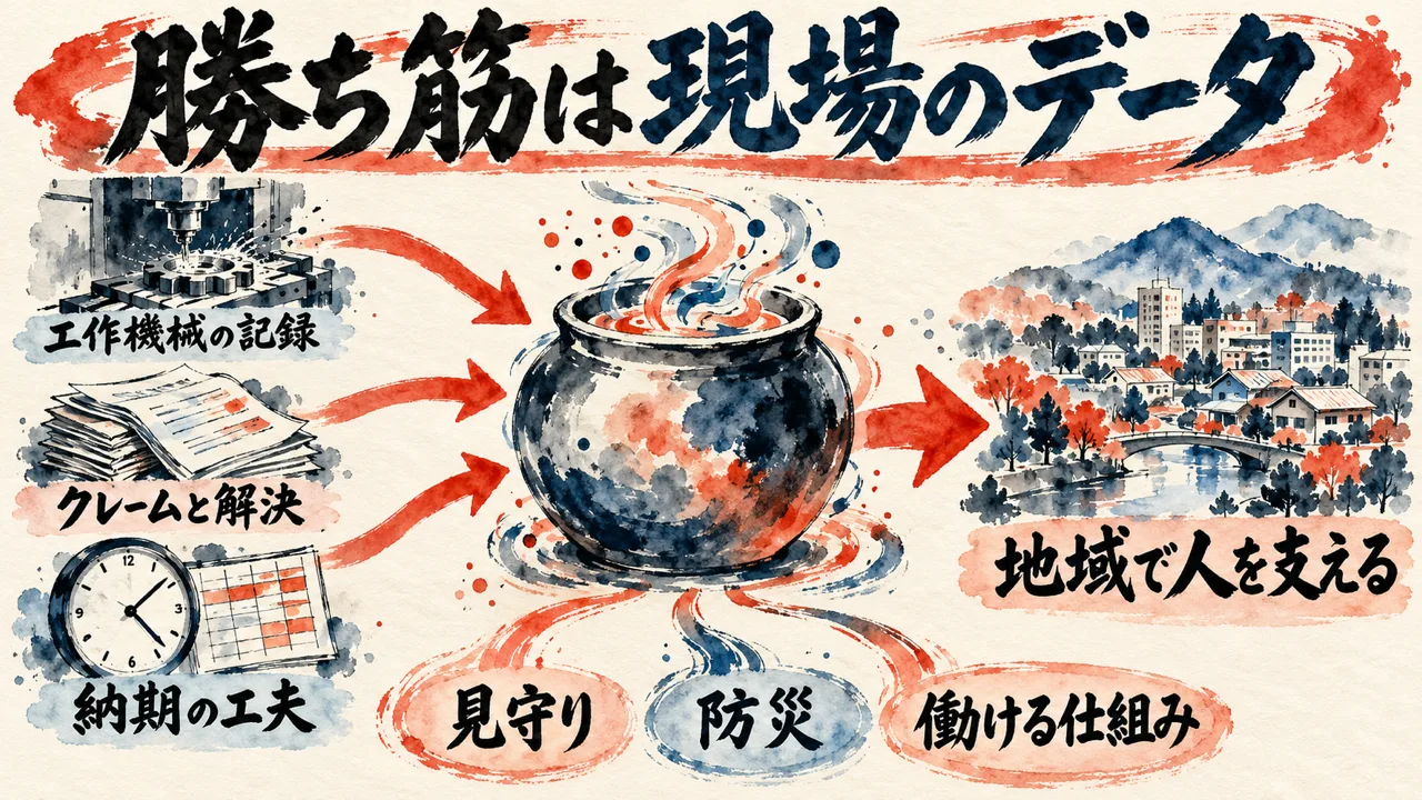 勝ち筋は現場のデータ、という図解。工作機械の記録、クレームと解決、納期の工夫をAIに集め、地域で人を支える仕組みへ。見守り、防災、働ける仕組み