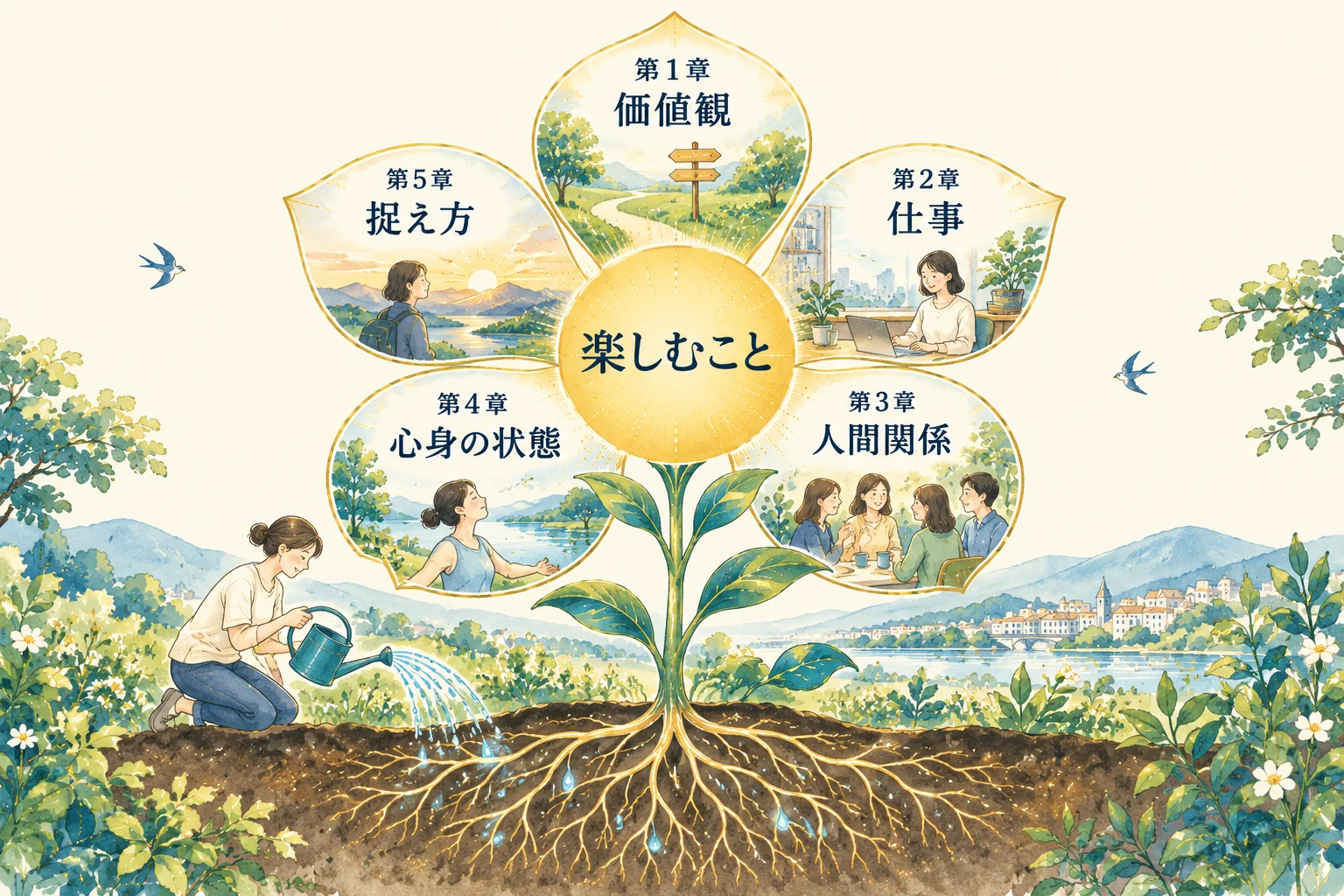 楽しむことを中心に、自分の価値観・仕事・人間関係・心身の状態・捉え方の5領域がつながる本の全体像