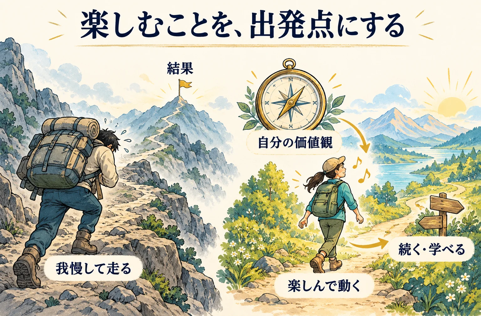 苦しさを我慢して結果を待つ道と、自分の価値観に合う楽しさから行動する道を比べる