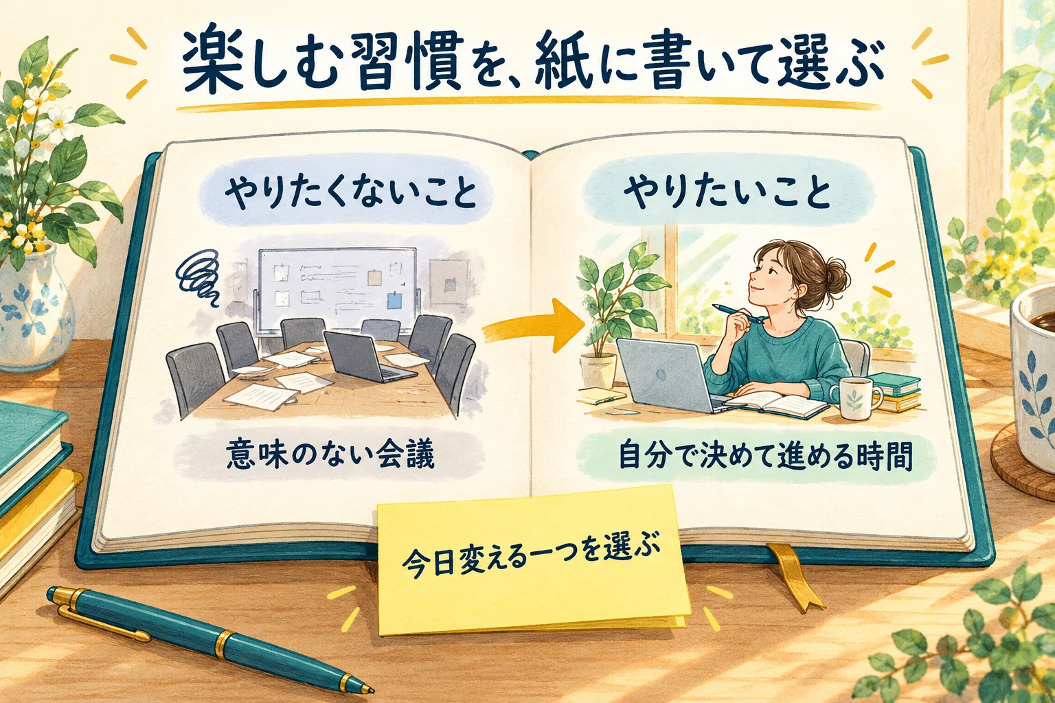 やりたくないこととやりたいことを対にして書き、今日変える行動を一つ選ぶ