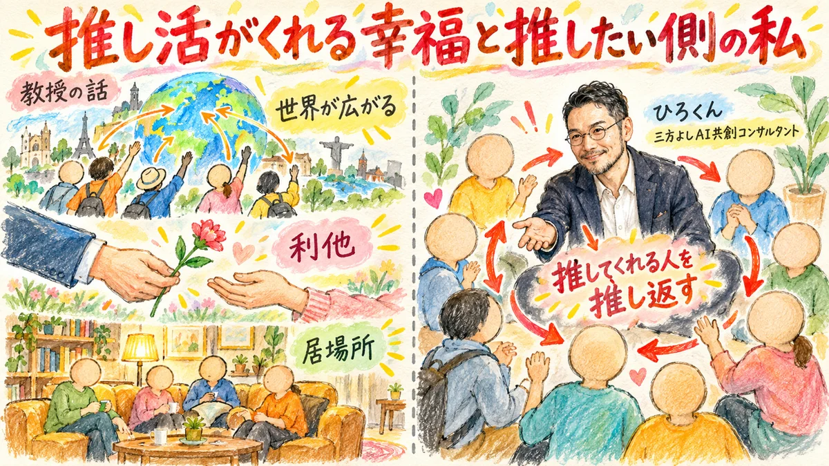 左に教授の話として世界が広がる・利他・居場所の3つの幸福、右に推してくれる人を推し返すひろくんの輪