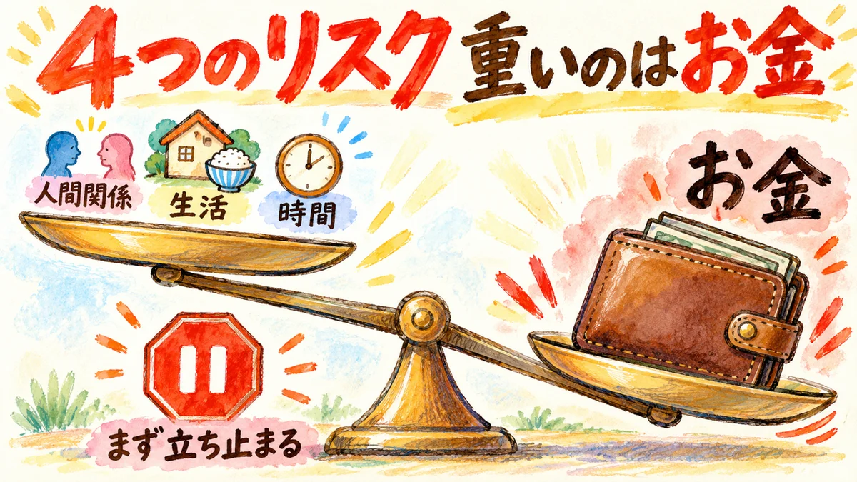 人間関係・生活・時間よりお金の皿が重く沈む天秤と、まず立ち止まる標識