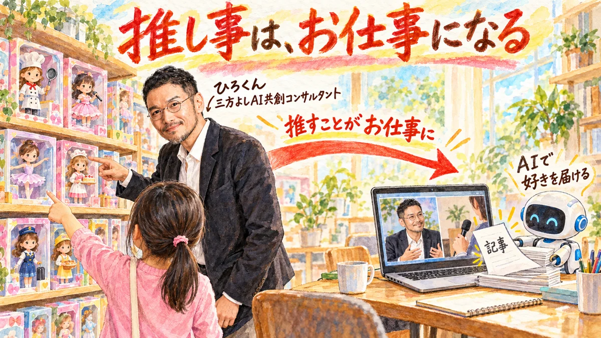 おもちゃ屋でお仕事人形の棚を指さすひろくんと娘、その先で配信と記事をAIロボットが整える図