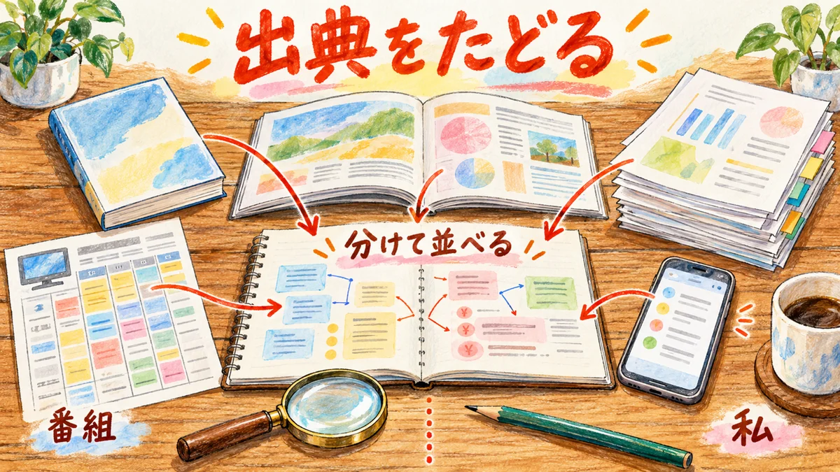 新書・雑誌・調査・スマホのメモから線が伸び、1冊のノートに分けて並べる図