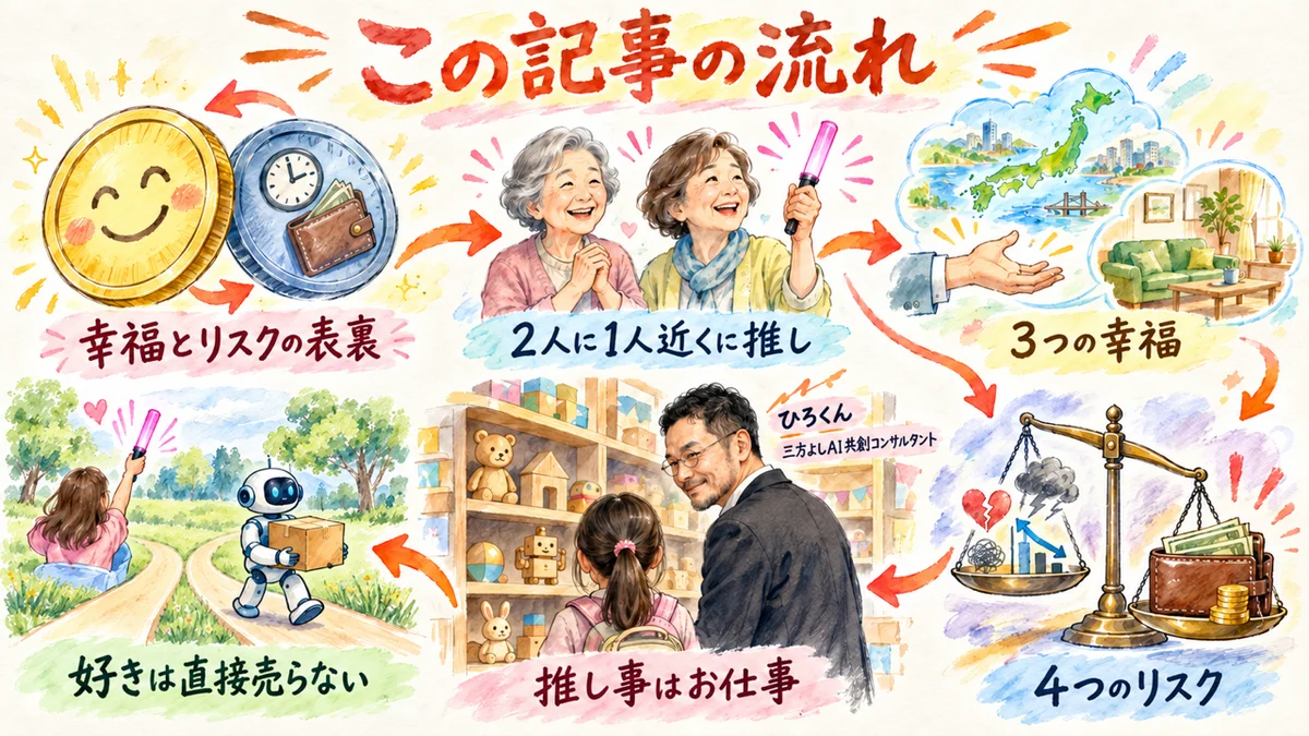 記事全体図：幸福とリスクの表裏→2人に1人近くに推し→3つの幸福→4つのリスク→推し事はお仕事→好きは直接売らない