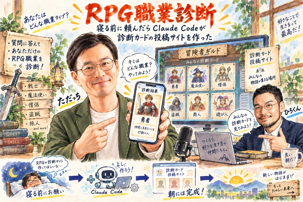 RPG職業診断、寝る前に頼んだらClaude Codeが診断カードの投稿サイトを作った｜GPTs研究会 10月12日の朝LIVEの全体図