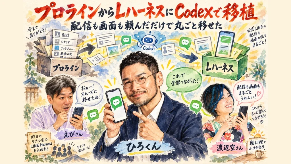 ひろくんが画面の中心で、えびさんと渡辺空さんと並んで公式LINEの移し替えを見守るグラレコ