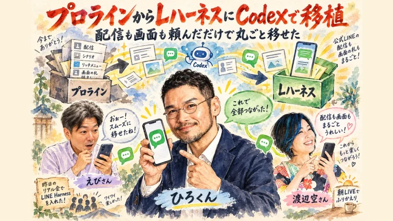 ひろくんが画面の中心で、えびさんと渡辺空さんと並んで公式LINEの移し替えを見守るグラレコ