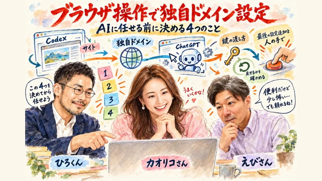 ChatGPTのブラウザ操作で独自ドメインを設定した回の全体図｜カオリコさん、ひろくん、えびさんが画面を見守る場面