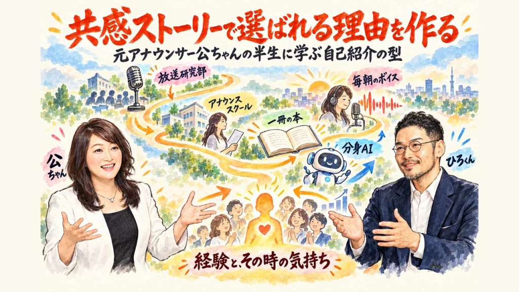 共感ストーリーで選ばれる理由を作る朝LIVEの全体図｜公ちゃんとひろくんが、半生の道のりと分身AIの発信を語る場面