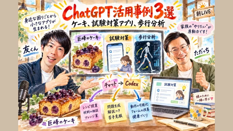 ChatGPT活用事例3選の朝LIVE全体図｜巨峰を皮ごと焼くケーキ、試験対策アプリ、歩行分析アプリを、ただっちと友くんが紹介