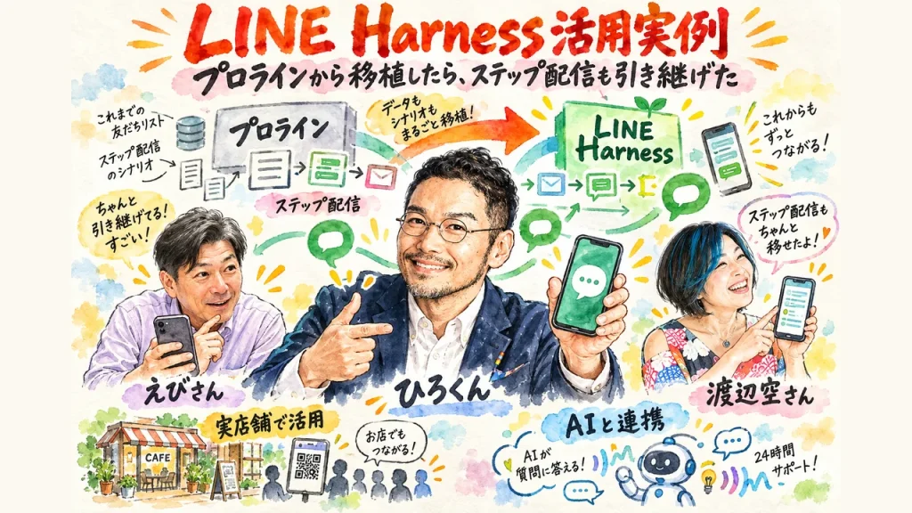 まっちんぐー朝LIVE全体図｜ひろくんを中心に、えびさんと渡辺空さんが、プロラインからLINE Harnessへ公式LINEを移植した話を紹介するグラレコ