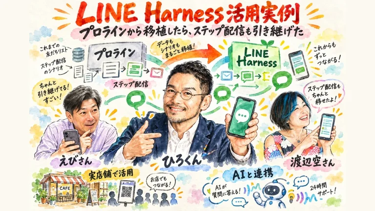 まっちんぐー朝LIVE全体図｜ひろくんを中心に、えびさんと渡辺空さんが、プロラインからLINE Harnessへ公式LINEを移植した話を紹介するグラレコ