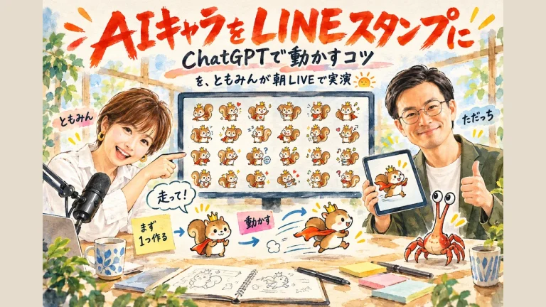 AIキャラをLINEスタンプにする朝LIVEの全体図｜ペットちゃん、動くLINEスタンプ、王子様シリーズ、カニの被り物を、ただっちとともみんが紹介