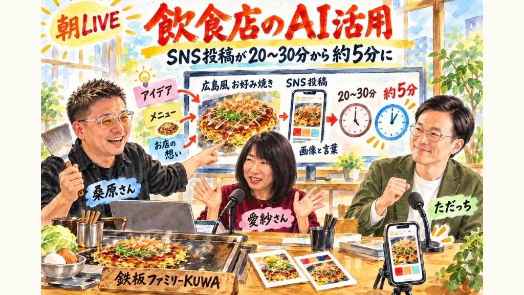 飲食店のAI活用の全体図｜桑原さんのSNS投稿が20〜30分から約5分になった話を、ただっちと愛紗さんが朝LIVEで聞く