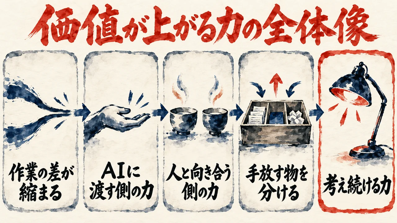 作業の差が縮まる、AIに渡す側の力、人と向き合う側の力、手放す物を分ける、考え続ける力の五つの札が、左から右へ矢印でつながる図解