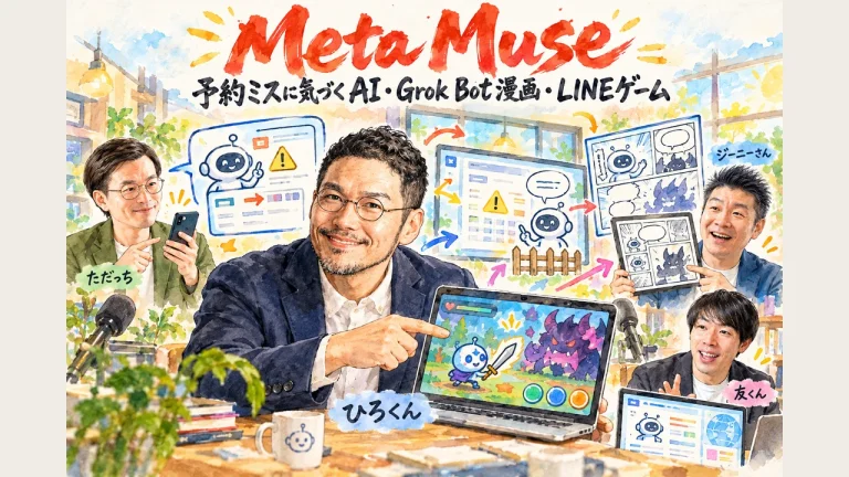 Meta Muse、Grok Bot漫画、LINEゲームの全体図｜ただっち、ひろくん、ジーニーさん、友くんが朝LIVEで話した予約の日付ミスの気づきと、AIに任せる範囲の話