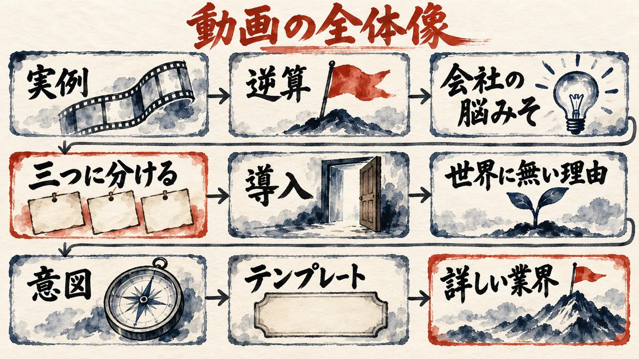 実例、逆算、会社の脳みそ、三つに分ける、導入、世界に無い理由、意図、テンプレート、詳しい業界の九枚の札を、三段に折り返して矢印でつないだ、動画の全体像の図解