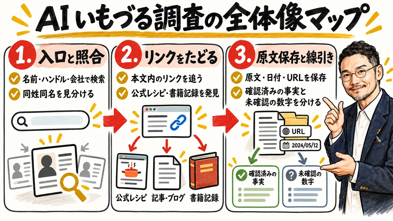 いもづる調査の全体像マップ｜入口と照合、本文リンク追跡、原文保存と境界線の3ステップ