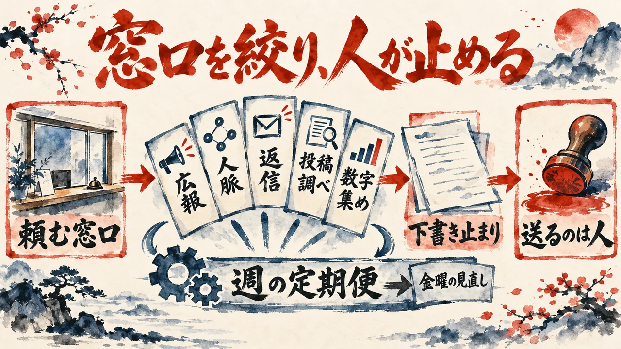頼む窓口から、広報・人脈・返信・投稿調べ・数字集めの五枚の札に仕事が広がり、下書き止まりを経て、送るのは人で終わる流れを描いた全体図。下に週の定期便の帯