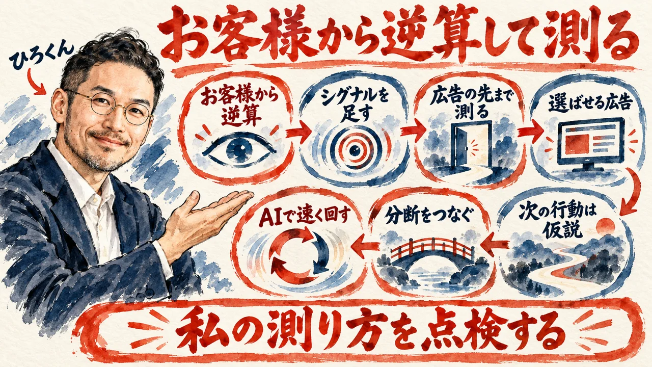 ひろくんが、お客様から逆算、シグナルを足す、広告の先まで測る、選ばせる広告、次の行動は仮説、分断をつなぐ、AIで速く回す、の七つの札の流れを紹介している全体図。下に、私の測り方を点検する、の帯