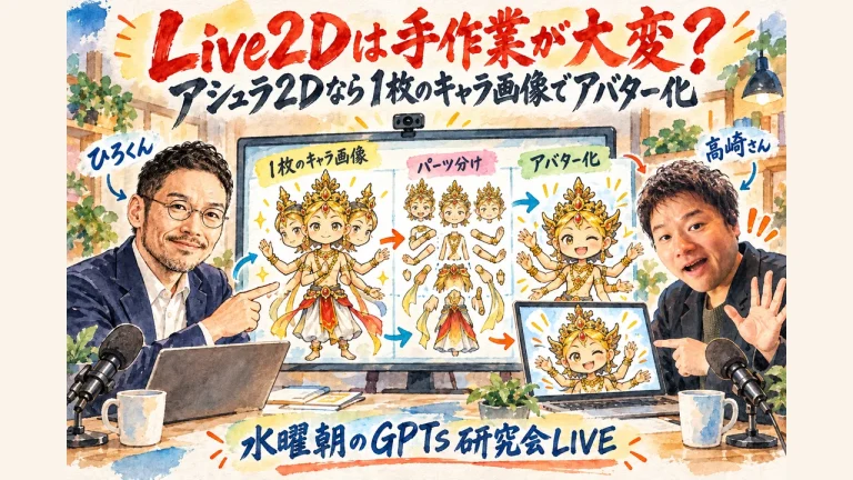 Live2Dは手作業が大変？アシュラ2Dなら1枚のキャラ画像でアバター化｜ひろくんと高崎さんが、1枚のキャラ画像がパーツ分けを経てアバターになる流れを紹介する朝LIVEの図