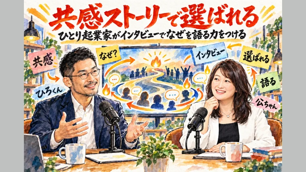 共感ストーリーで選ばれる全体図｜ひろくんと公ちゃんが朝LIVEで話した、インタビューでなぜを引き出し、語る力をつける流れの図
