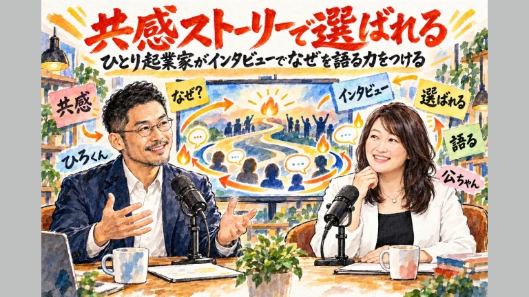 共感ストーリーで選ばれる全体図｜ひろくんと公ちゃんが朝LIVEで話した、インタビューでなぜを引き出し、語る力をつける流れの図