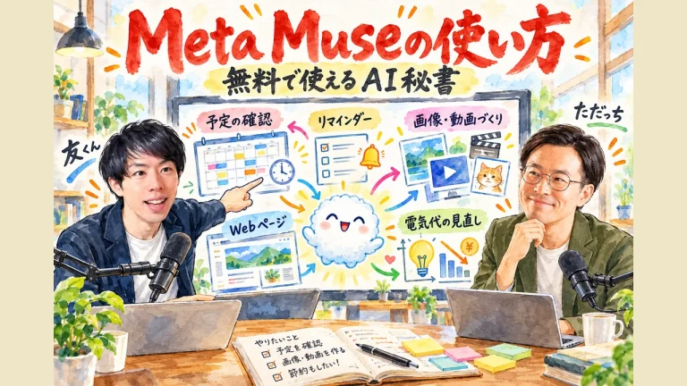 Meta Museの使い方の朝LIVE全体図｜予定の先回り、画像と動画づくり、共有リンク、電気代の見直し、最初の設定を、ただっちと友くんが紹介