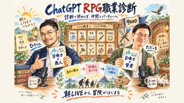 ひろくんとただっちが、召喚士×商人と召喚士×賢者の診断カードを掲げ、診断から仲間とパーティーへ進む流れを描いたグラレコ