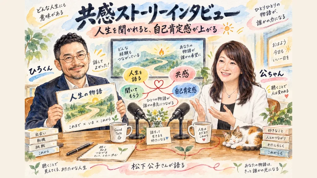 ひろくんと公ちゃんが並び、人生の道のりを描いた絵を掲げて、共感ストーリーインタビューで自己肯定感が上がる流れを描いたグラレコ