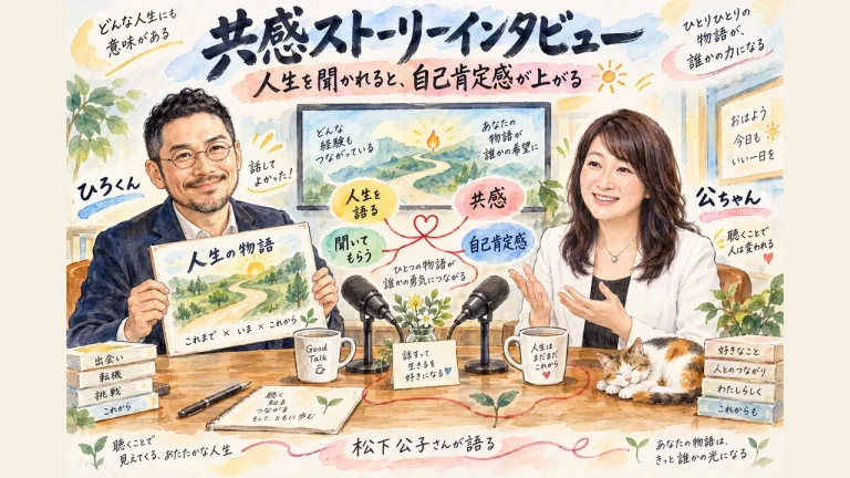 ひろくんと公ちゃんが並び、人生の道のりを描いた絵を掲げて、共感ストーリーインタビューで自己肯定感が上がる流れを描いたグラレコ