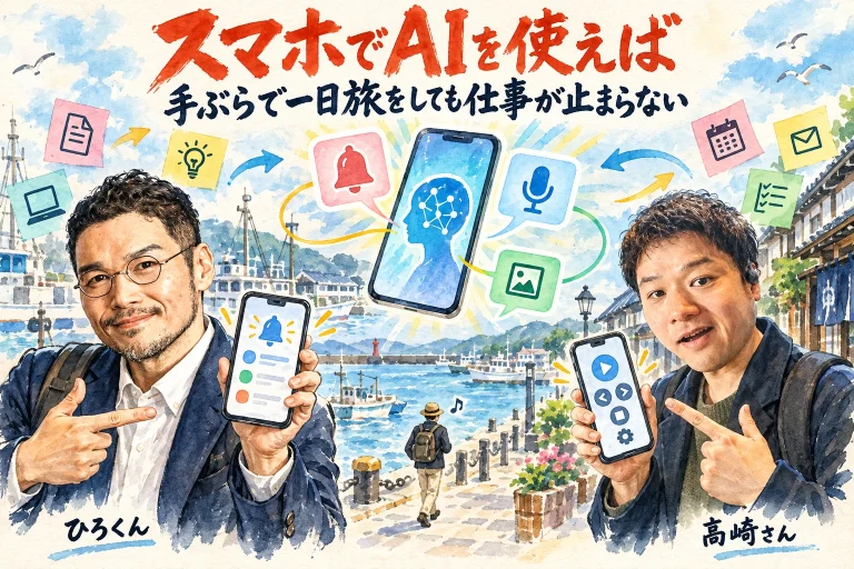 ひろくんと高崎さんがスマホを見せ、通知・声・スクショでAIを動かして手ぶらで酒田を旅する様子を描いたグラレコ